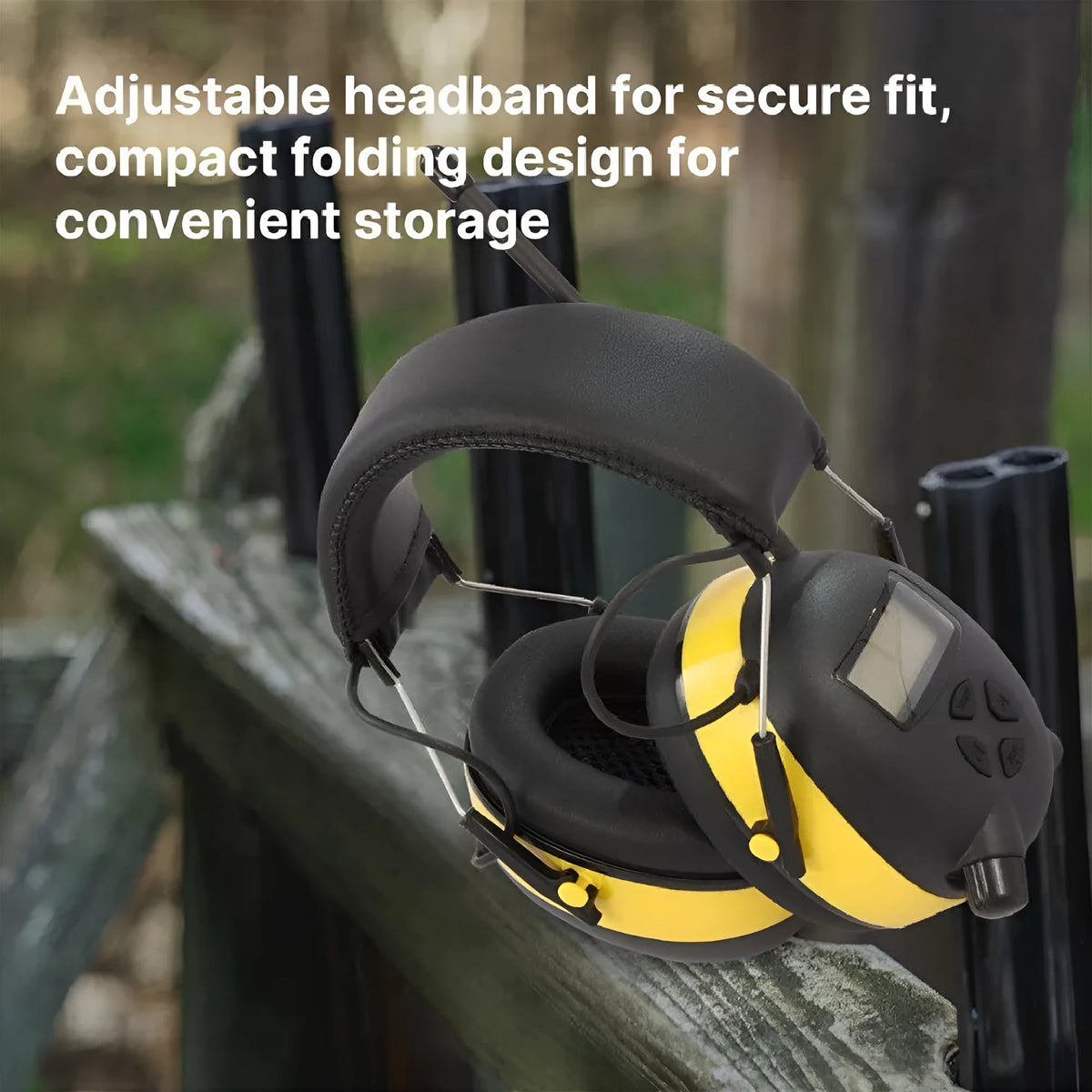 Black and yellow anti-noise earmuffs with 30dB NRR, AM/FM radio, adjustable headband, and audio input socket