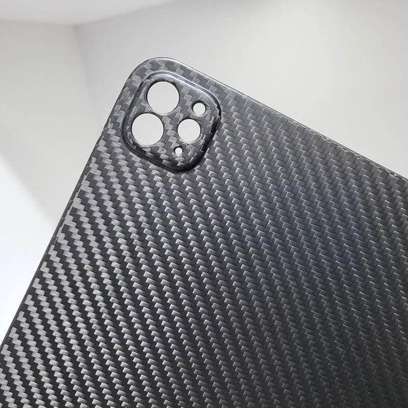 Carbon fibre protective cover for iPad Pro 11 showing embossed plaid texture