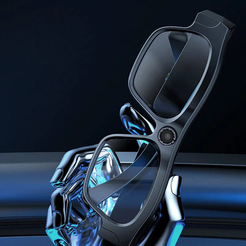 Black smart Bluetooth glasses with transparent lenses for head-mounted video recording