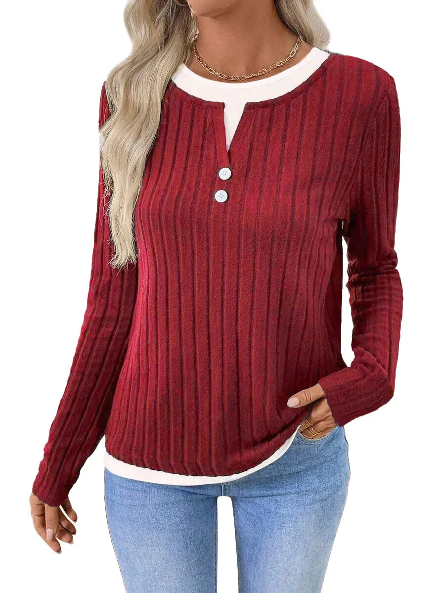 Women's fake two-piece round neck button pullover sweater with concave stripe fabric