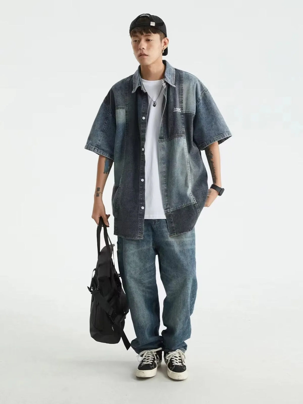Blue Japanese-style retro washed stitching denim shirt for men with loose cardigan fit