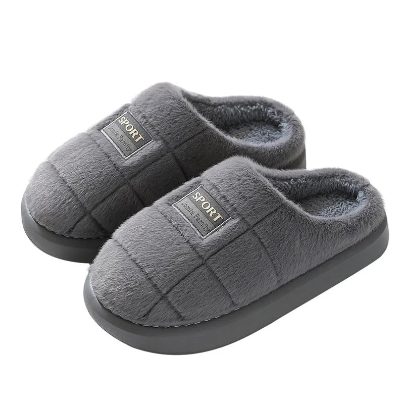 Men's grey and brown plaid winter slippers with a thick sole and artificial wool lining.