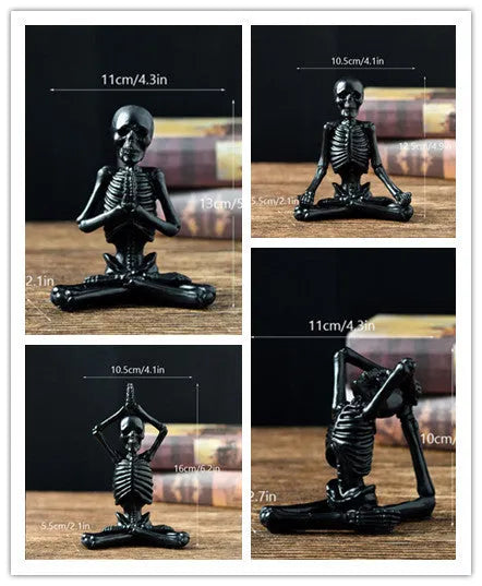 Detailed resin Halloween ornament of a yoga-posing skeleton skull on a desktop.