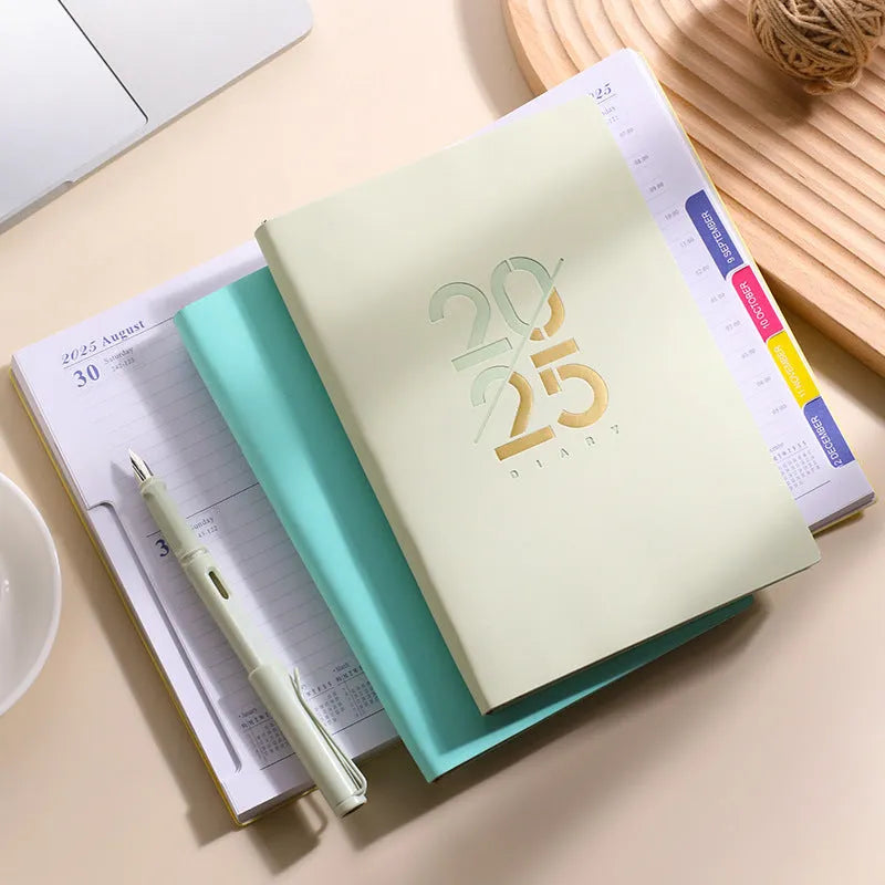A5 daily schedule book with soft faux leather cover, open to show thread-bound 150 pages.
