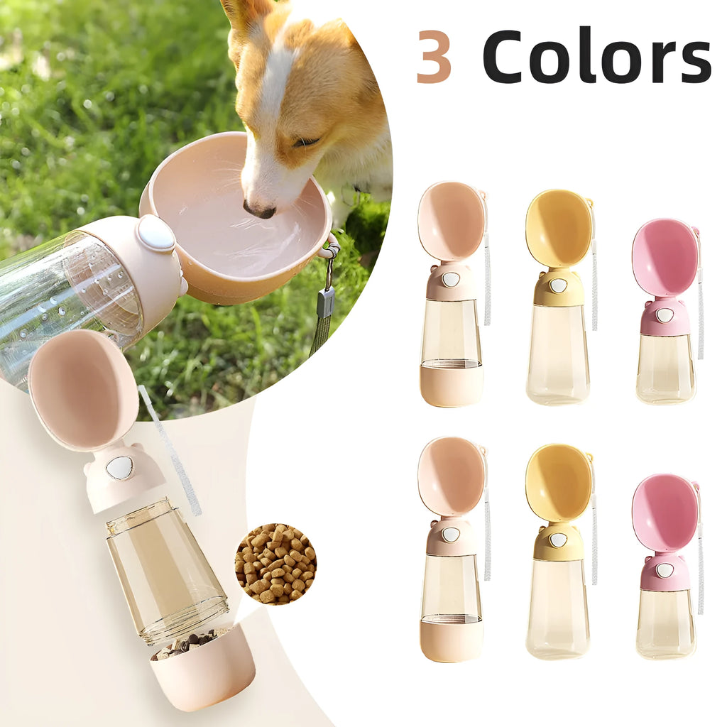 Portable dog water bottle with fold-out feeding bowl in brown colour for outdoor travel