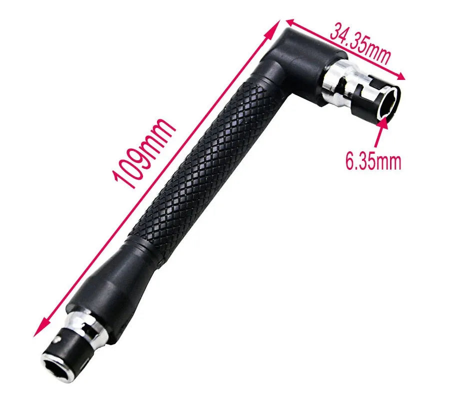 L-shaped double-headed socket wrench with 10 screwdriver bits and 10 bit sockets arranged around tool