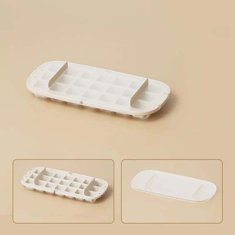 Food-grade plastic high capacity ice cube tray with grid and stored ice shovel in blue colour.
