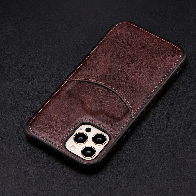 Dark blue PU leather protective case for iPhone models, showing front and back view.