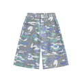 Denim camouflage cropped workwear trousers with straight leg cut and zipper fly closure