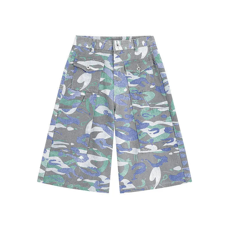 Denim camouflage cropped workwear trousers with straight leg cut and zipper fly closure