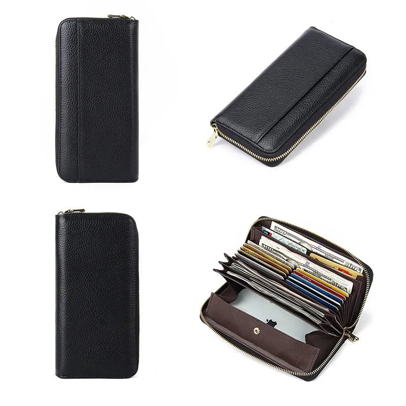 Women's long genuine leather wallet showing interior card slots and six colour options