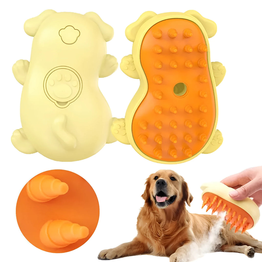 Cat and dog steamy brush 3-in-1 spray comb with ergonomic handle on a white background.
