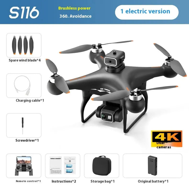 Black HD brushless UAV drone with four propellers, remote control, battery, and camera shown on a white background.