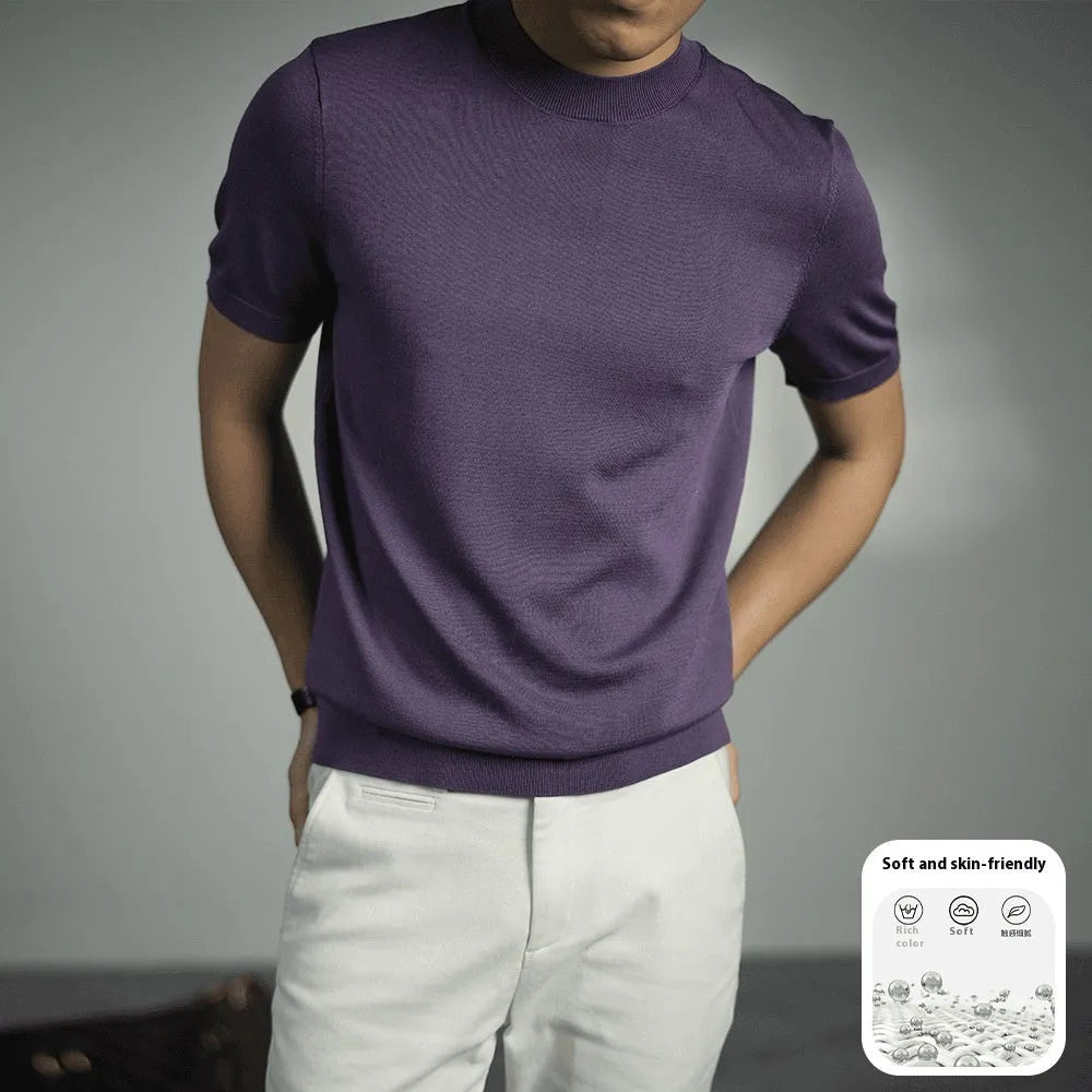 Men's solid colour knitted T-shirt with round neck and short sleeves in business gentleman style