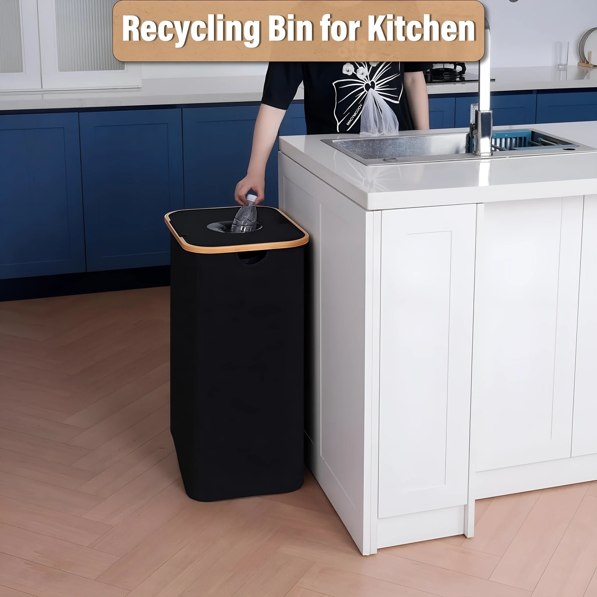 Black bamboo laundry basket with removable interior, fitted lid and double inner pockets