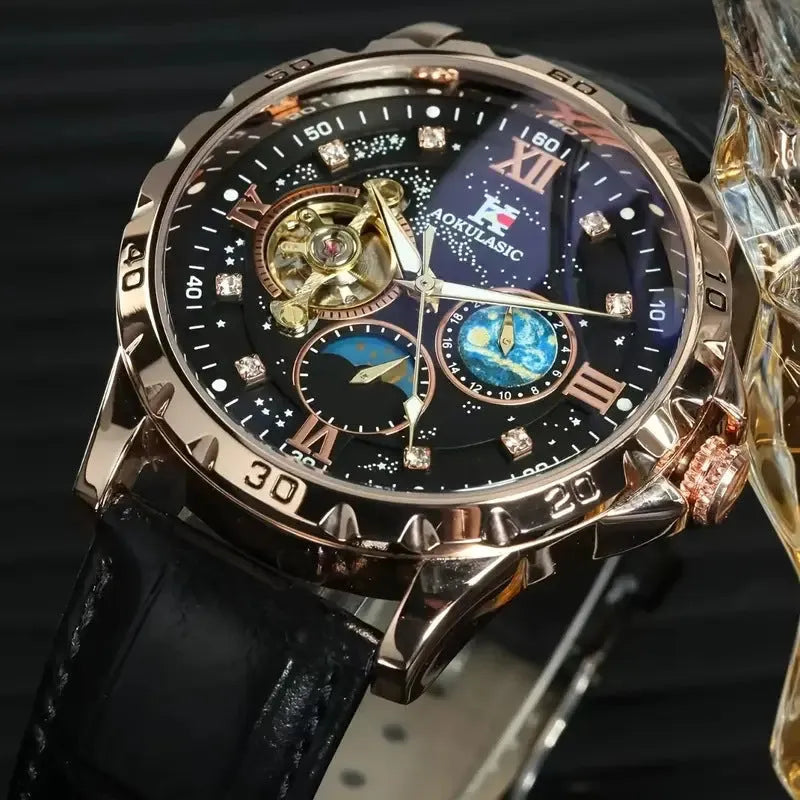 Men's automatic mechanical watch with large hollow black dial and rose gold case