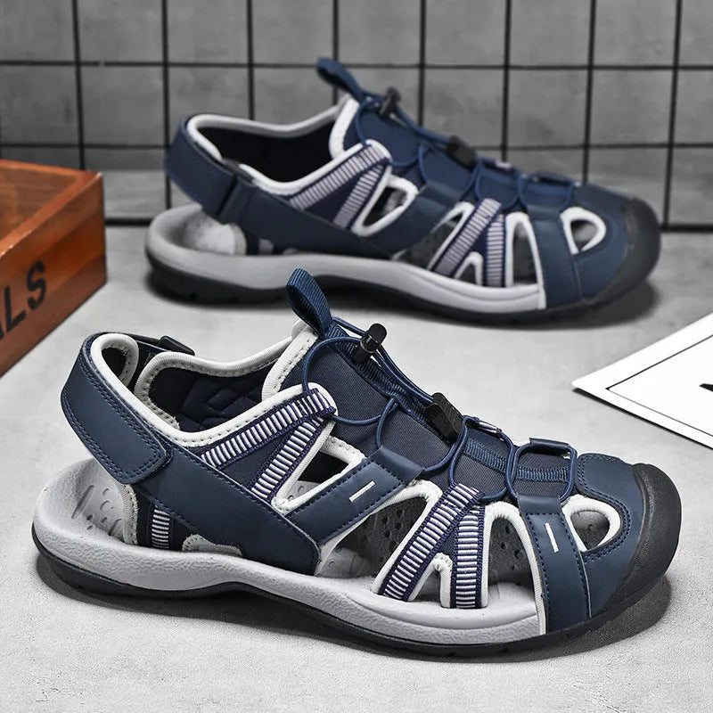 Men's blue mesh sports shoes with velcro closure and rubber sole on outdoor surface