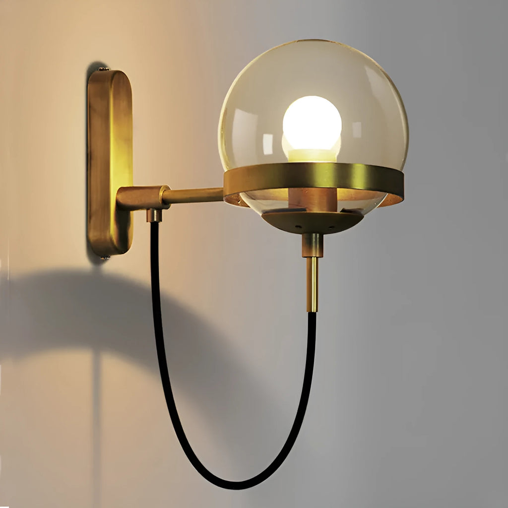Modern retro wall lamp with LED light, glass shade, push button switch, and Black or Gold finish