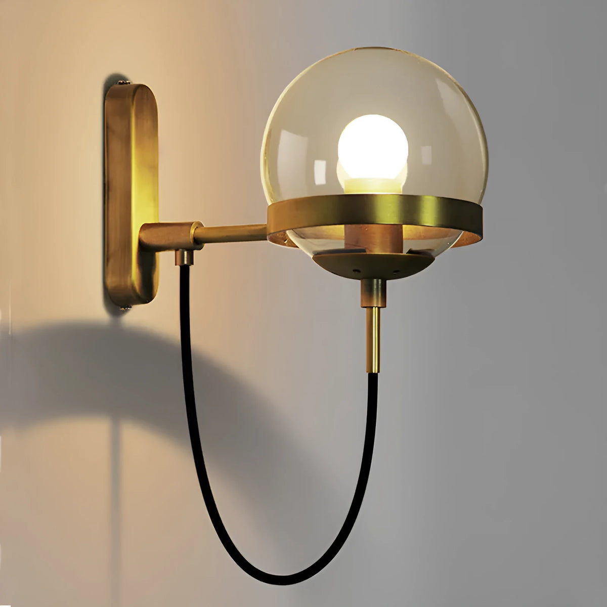 Modern retro wall lamp with LED light, glass shade, push button switch, and Black or Gold finish