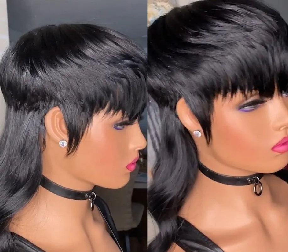Black Brazilian wig with short front layers and long back hair in layered style