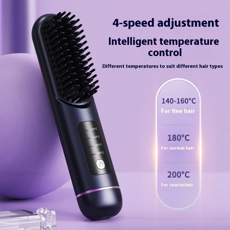 White, dark blue, and grey portable rechargeable negative ion hair comb for static control and straightening.