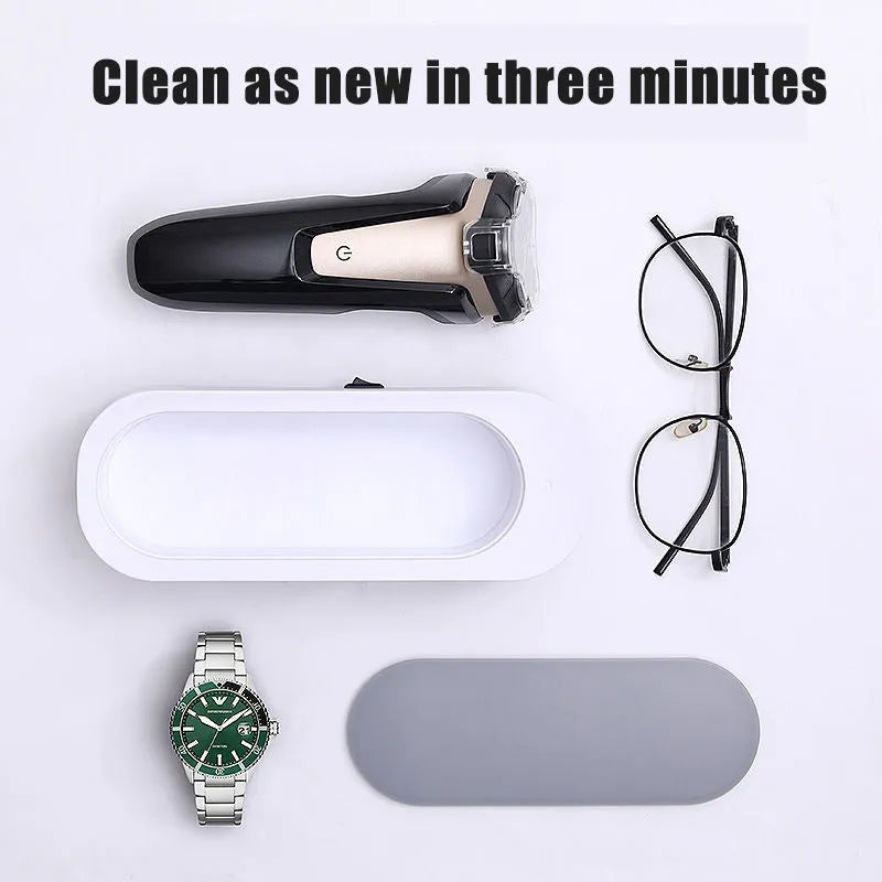 Off-white ultrasonic cleaning machine with 45000Hz vibration and SUS 304 stainless steel tank for jewellery, glasses, and watches.