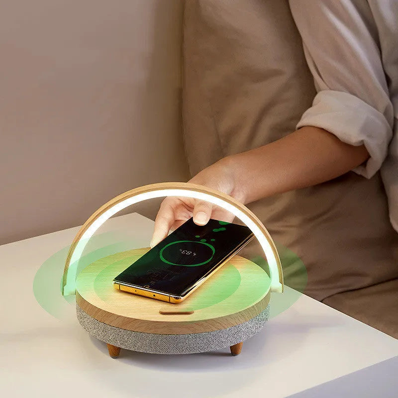 Wireless charging night light with Bluetooth speaker and phone holder in marble pattern finish