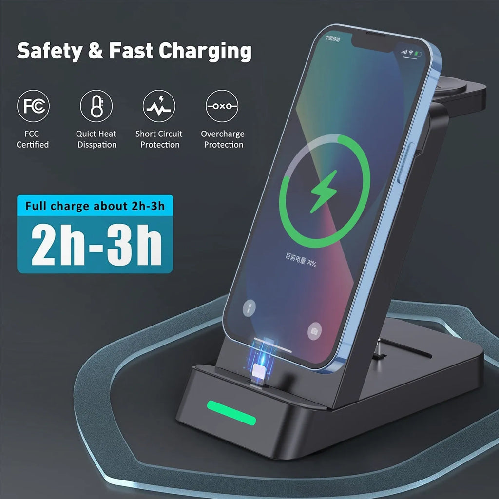 Black and white 3-in-1 wireless charging station for phone, watch, and AirPods on a desk