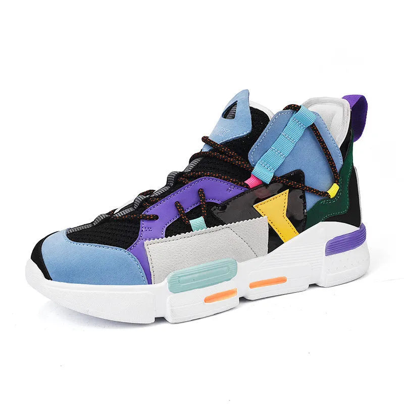 Men's high-top board shoe with flyknit mesh upper, front lace-up and flat heel, shown in Moonlight, brown or beige purple