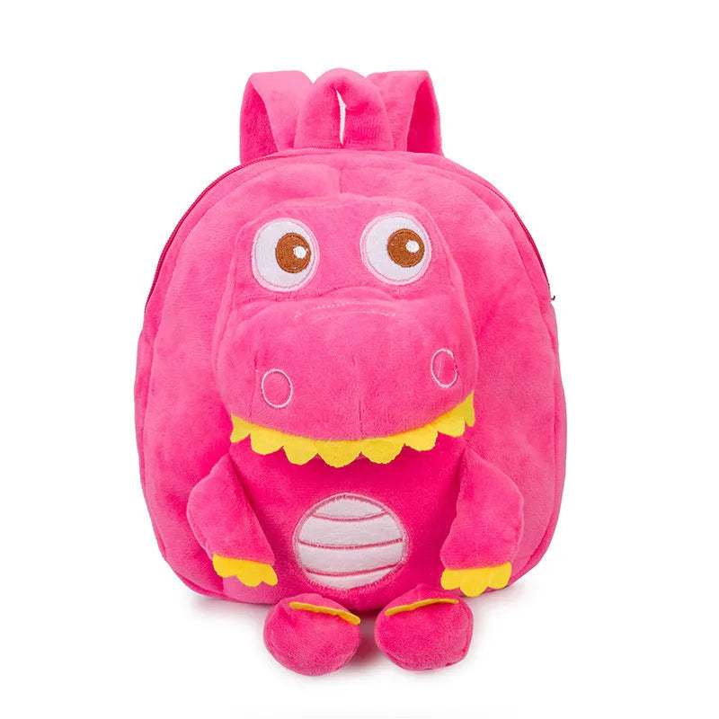 Blue dinosaur plush backpack with embroidery details and soft handle