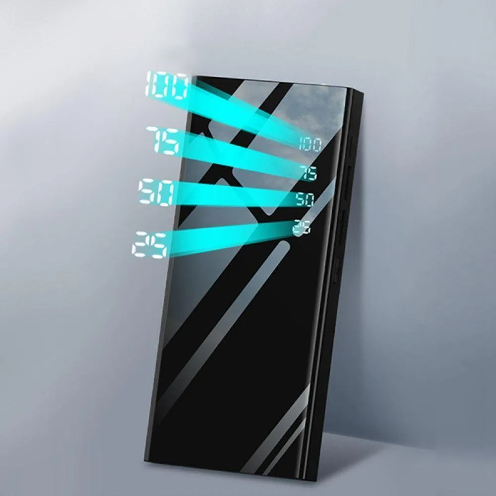 20000mAh power bank with LCD display showing battery percentage, dual USB ports, and compact design