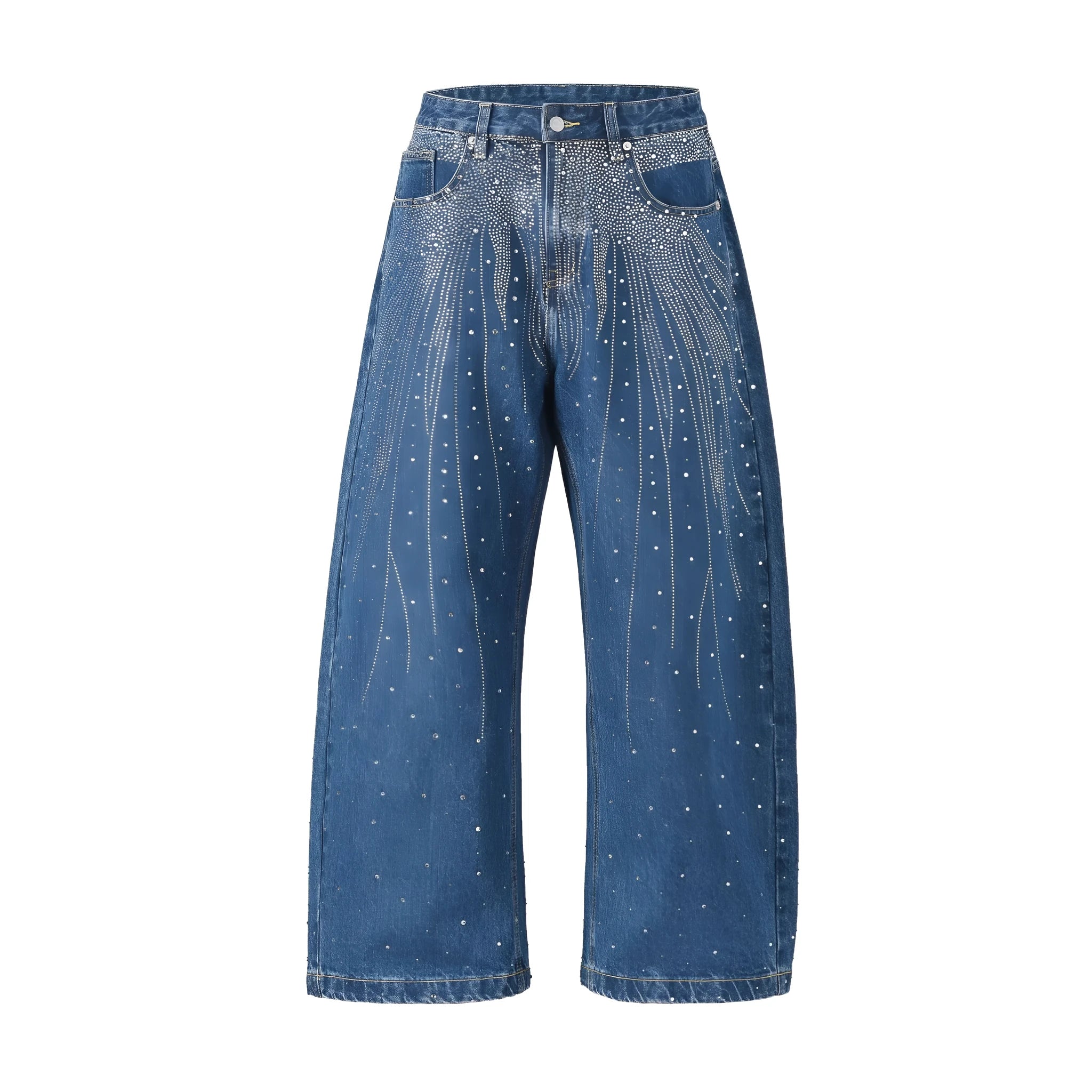 Blue loose-fitting wide-leg cotton trousers on hanger showing pullover style and streetwear design