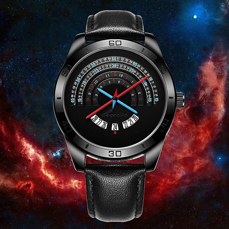Men's sports wristwatch with black leather strap, 42mm alloy case, stainless steel buckle, 10mm dial