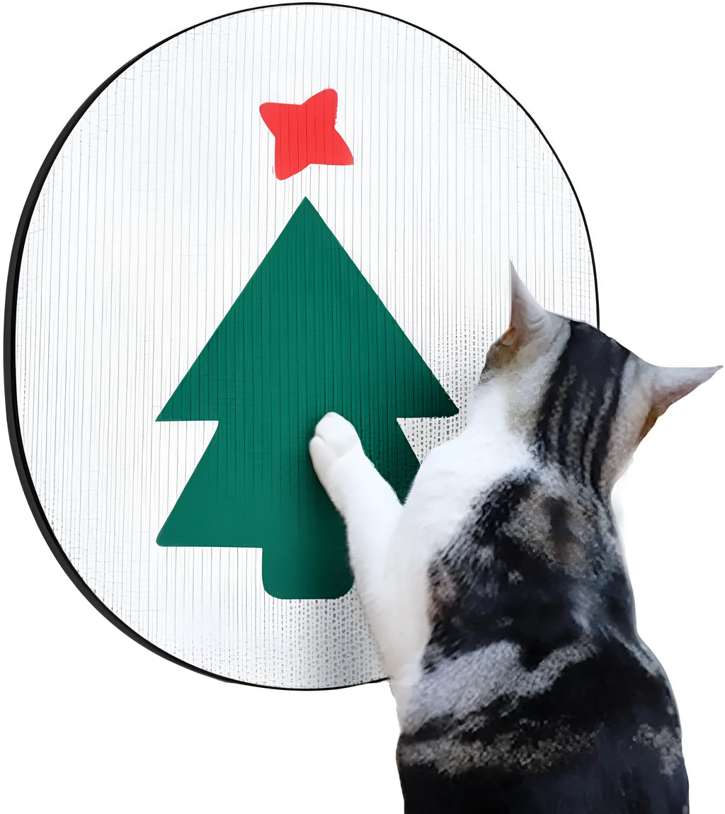 Wall-mounted corrugated cardboard cat scratcher pad on a wall, showing one of four design options.