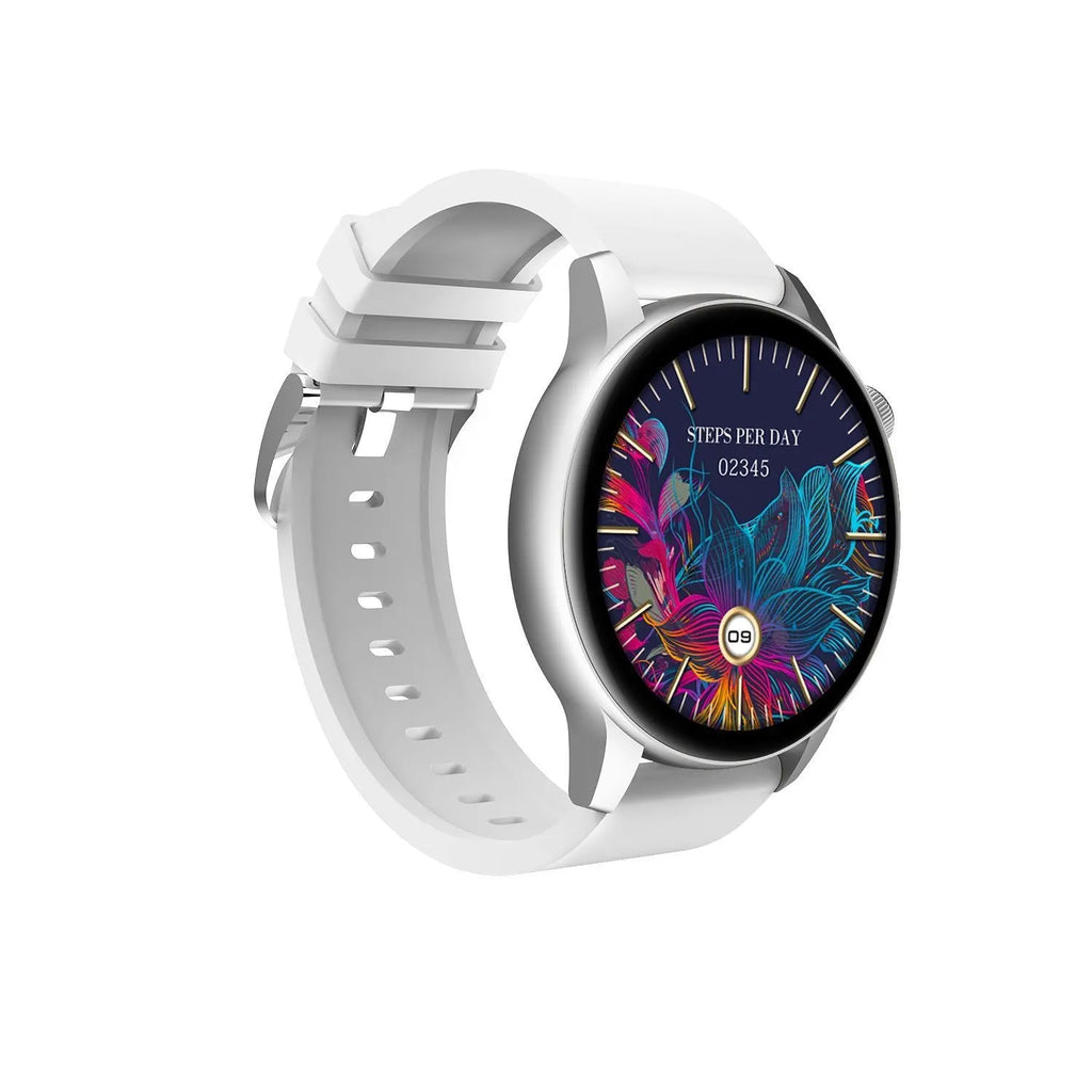Square stainless steel smart watch with colour screen showing time, placed on a wrist.
