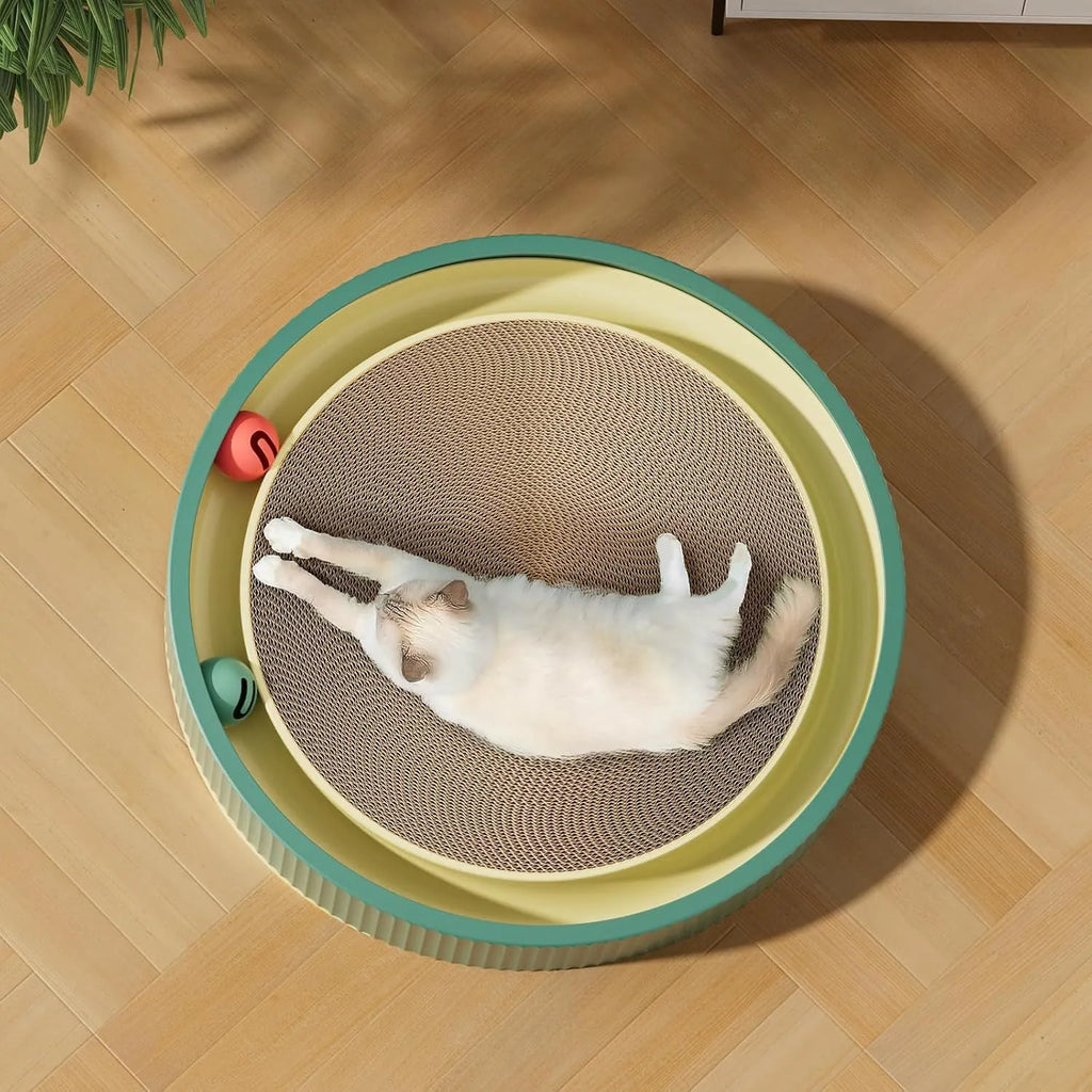 Large green cat scratching board with moving ball toys and a refillable cardboard core.