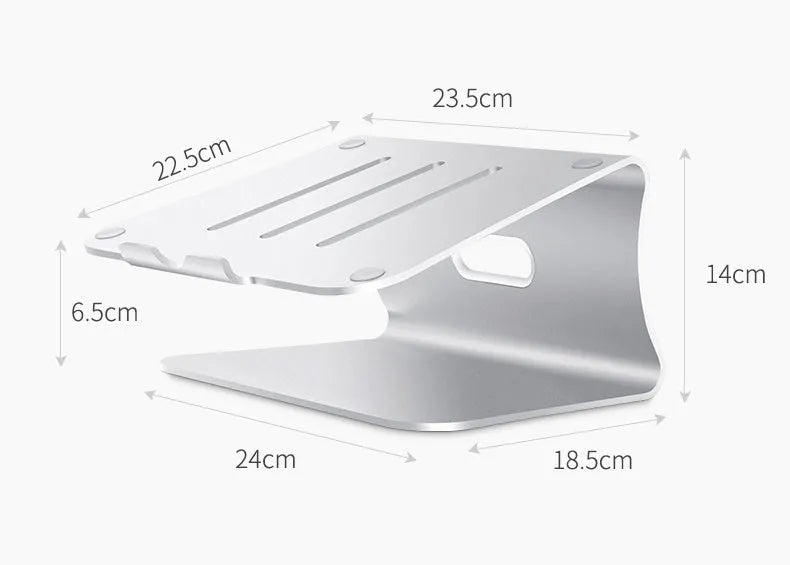Aluminium alloy laptop cooling bracket in grey colour with rotary hinge adjustment on a desk.