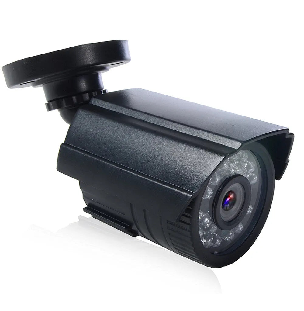 Black HD waterproof security camera with infrared LEDs and a fixed lens for outdoor surveillance.