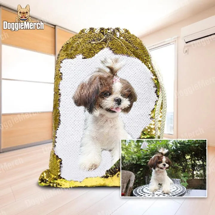 Custom purple sequins backpack with dog photo and drawstring closure showing 34x45cm dimensions