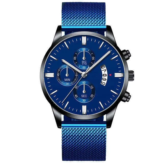 Men's stainless steel mesh band quartz watch showing analogue face and decorative subdial.