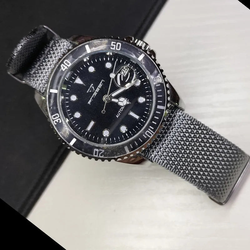 Textile nylon watch strap in Army Green colour showing integrated design and adjustment holes