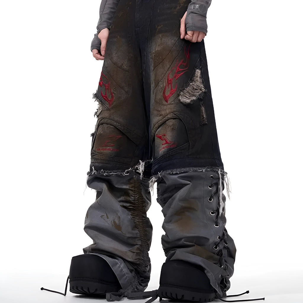 Men's retro denim jeans with detachable trouser legs in wide-leg loose fit
