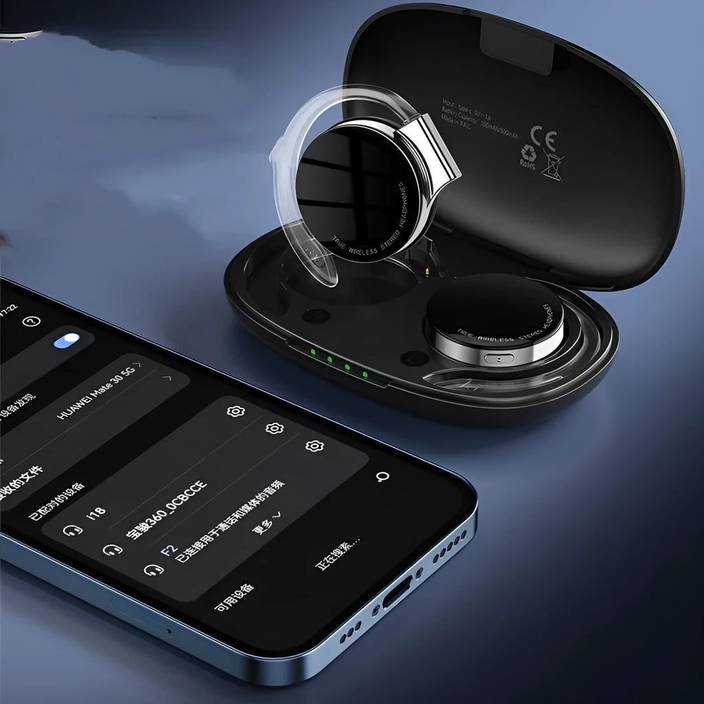 Black and white bilateral stereo wireless Bluetooth earphones with power display and NFC function