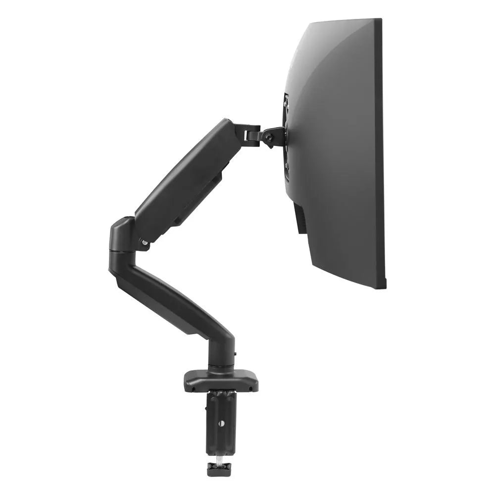 Black rotating telescopic LCD screen bracket with metal and aluminium construction on table