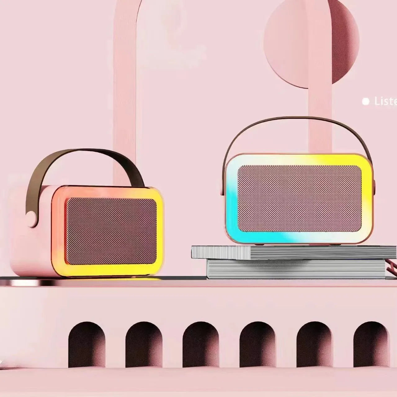 Coloured lights portable Bluetooth karaoke microphone in white, pink or sky blue