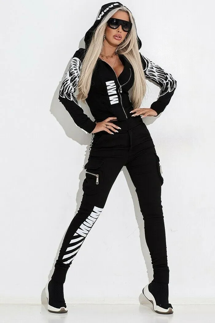 Women's black two-piece casual suit with wings printing, zipper hooded top and trousers