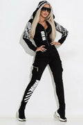 Women's black two-piece casual suit with wings printing, zipper hooded top and trousers