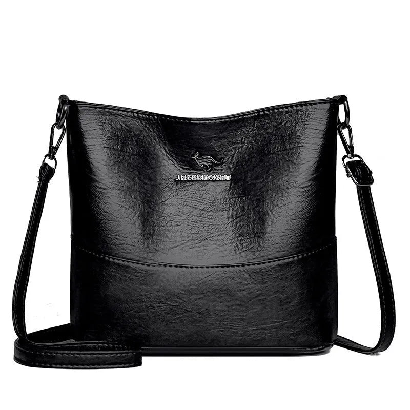 Women's soft leather shoulder bag in bucket design with large capacity and internal phone pocket