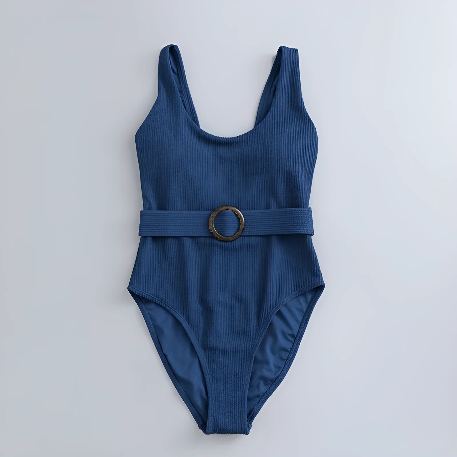 Navy blue women's one-piece slimming swimsuit with triangle design and chest pad.
