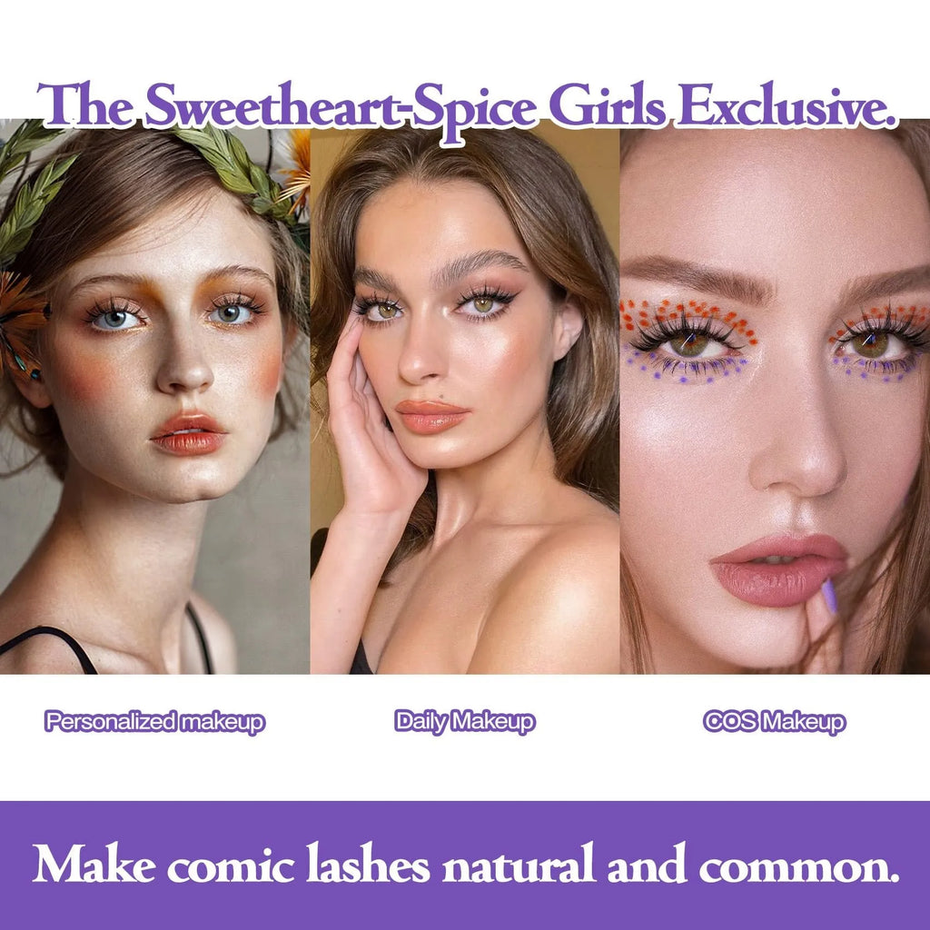 Set of manga-style false eyelashes in three wispy styles 007, 008, and 009 with black plastic bands.